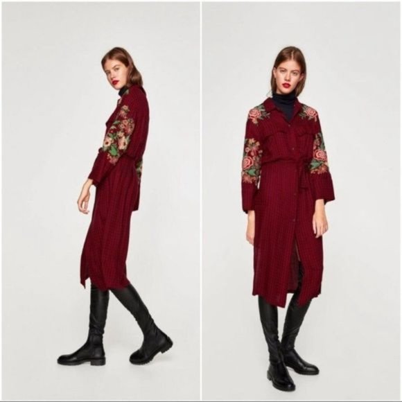 Zara trf Duster Tunic Dress Red Navy Plaid Embroidered Floral Belted size XS - Picture 3 of 14